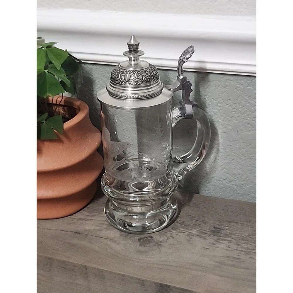 Vtg Etched Crystal German Beer Mug Tankard Stein Glass Pheasant Pewter Lid 6.5